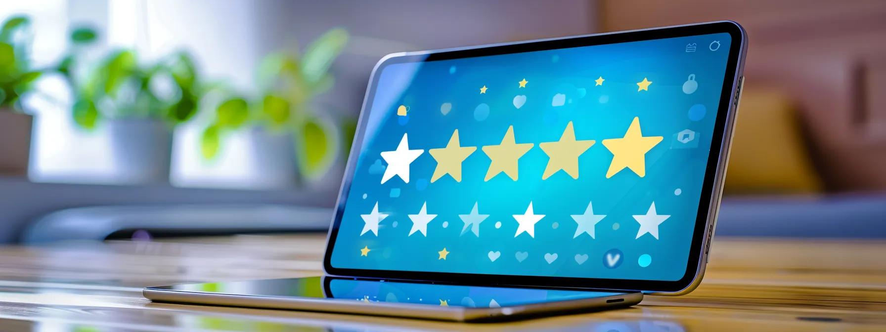 a delighted customer leaving a glowing review on a tablet, with a diverse team of professionals in the background managing online feedback and analyzing data to drive business success.