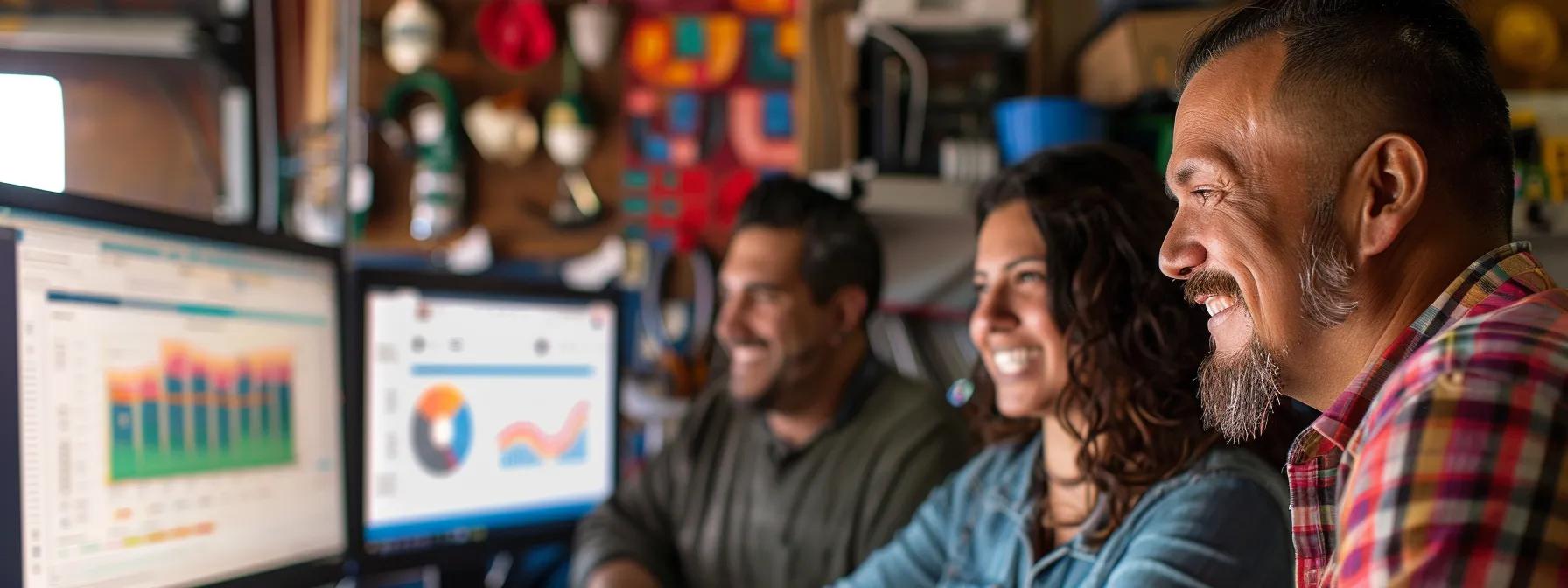 a diverse group of auto repair shop owners analyzing graphs and charts on their computer screens, smiling as they track their seo performance using google analytics.