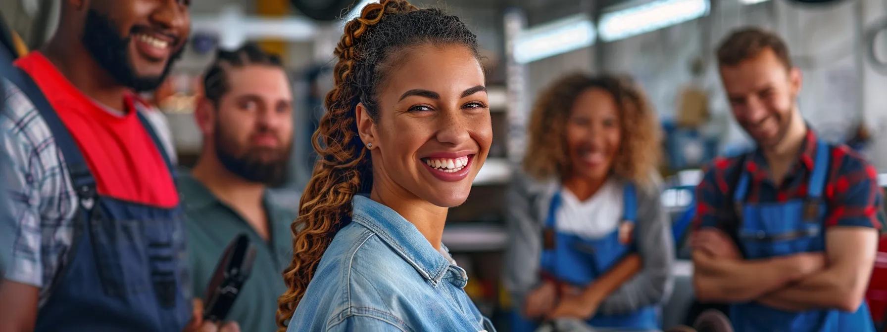 a diverse group of auto repair shop owners and customers smiling, surrounded by graphs and charts showcasing the success of their targeted advertising campaigns.