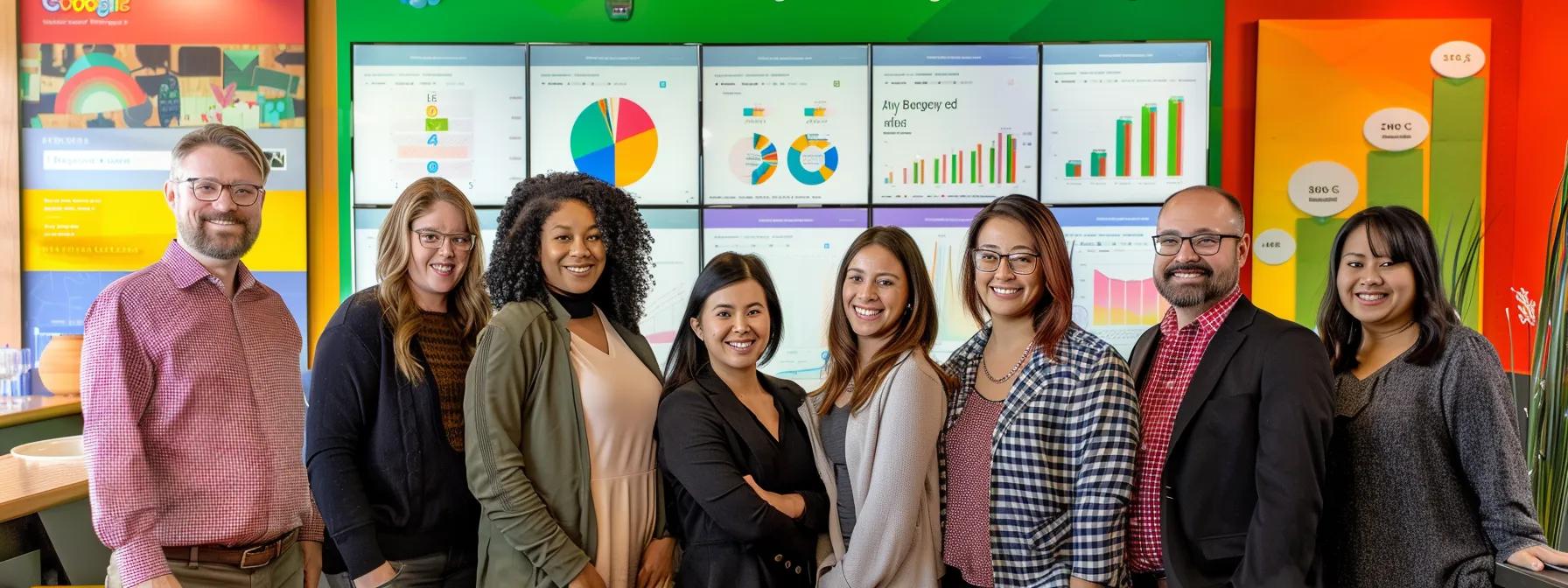 a diverse group of business owners and customers smiling and engaging with google my business posts, surrounded by colorful graphs and charts.