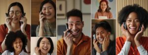 a diverse group of business owners and customers smiling as they answer phone calls after successful seo implementation.