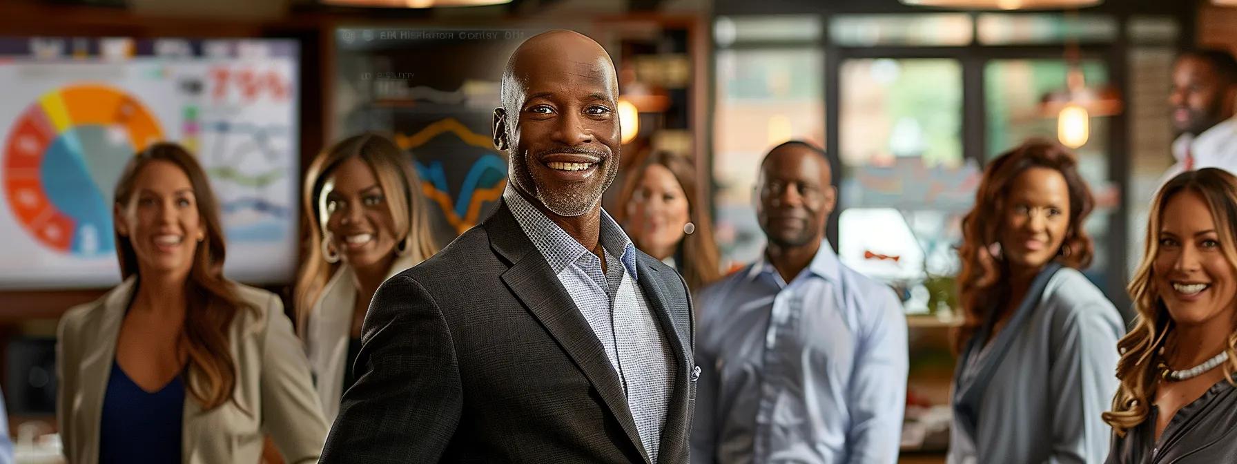 a diverse group of business owners and customers smiling and interacting in a bustling office setting, with charts and graphs displayed in the background.