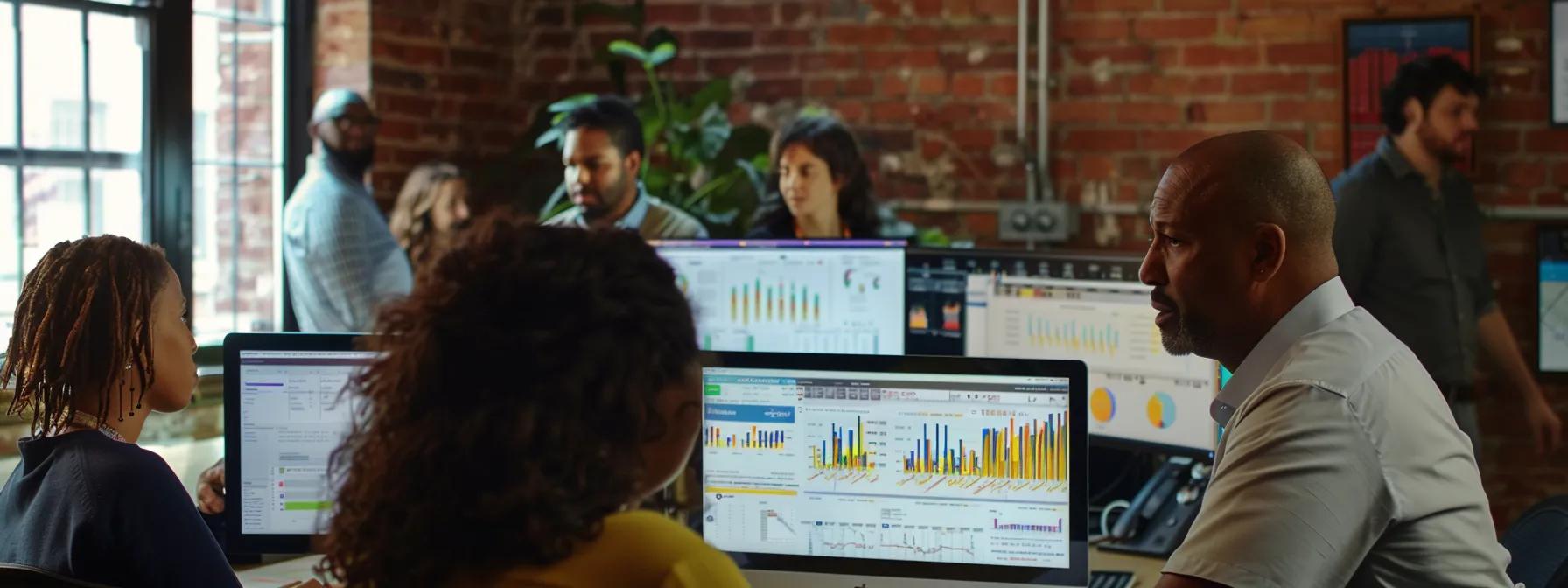 a diverse group of local business owners and employees analyzing charts and graphs on computer screens, showcasing their dedication to understanding local seo performance metrics in kansas city, missouri.