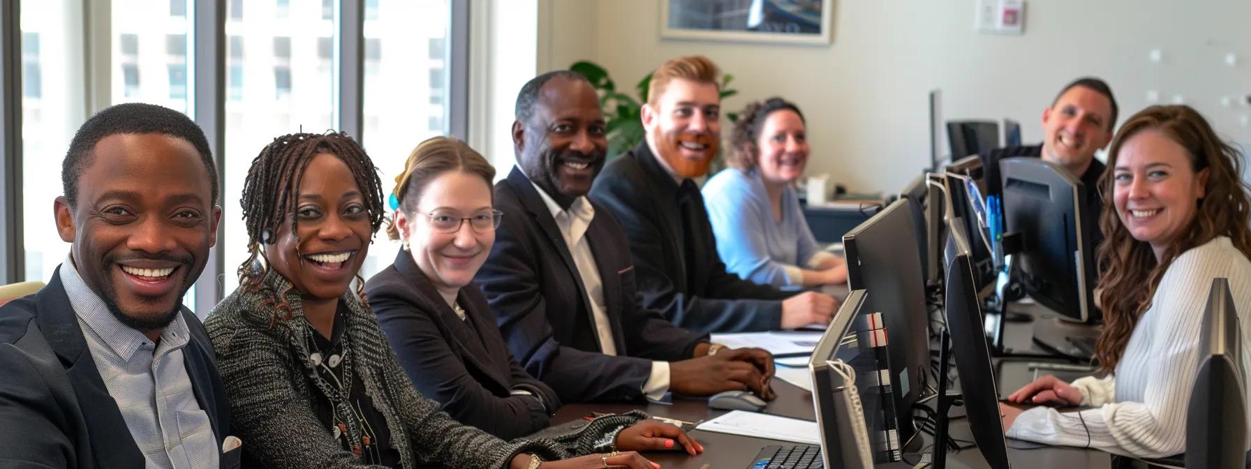 a diverse group of small business owners smiling and working on computers in a bustling kansas city office.