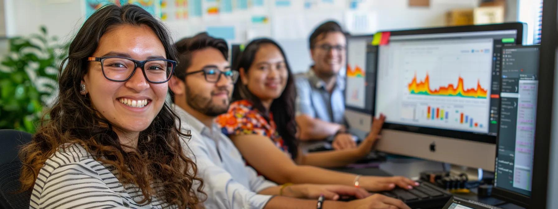 a diverse group of small business owners smiling while working on computers, surrounded by graphs and charts showcasing their google my business profile success.