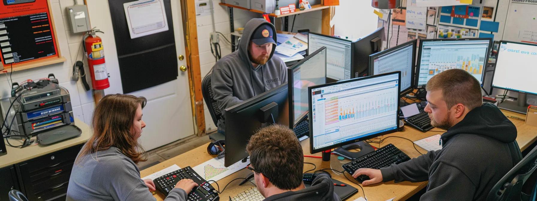 a diverse team of small business owners and employees working together at computers, analyzing graphs and charts to optimize engaging content strategies for boosting phone calls for auto repair shops.