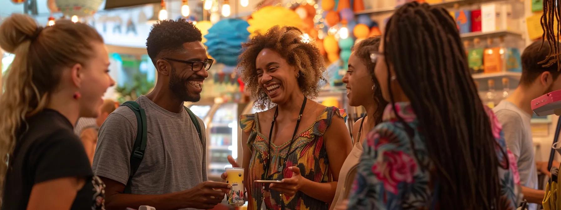 a group of diverse small business owners and customers happily interacting at a local event in kansas city, surrounded by vibrant decorations and engaging activities.