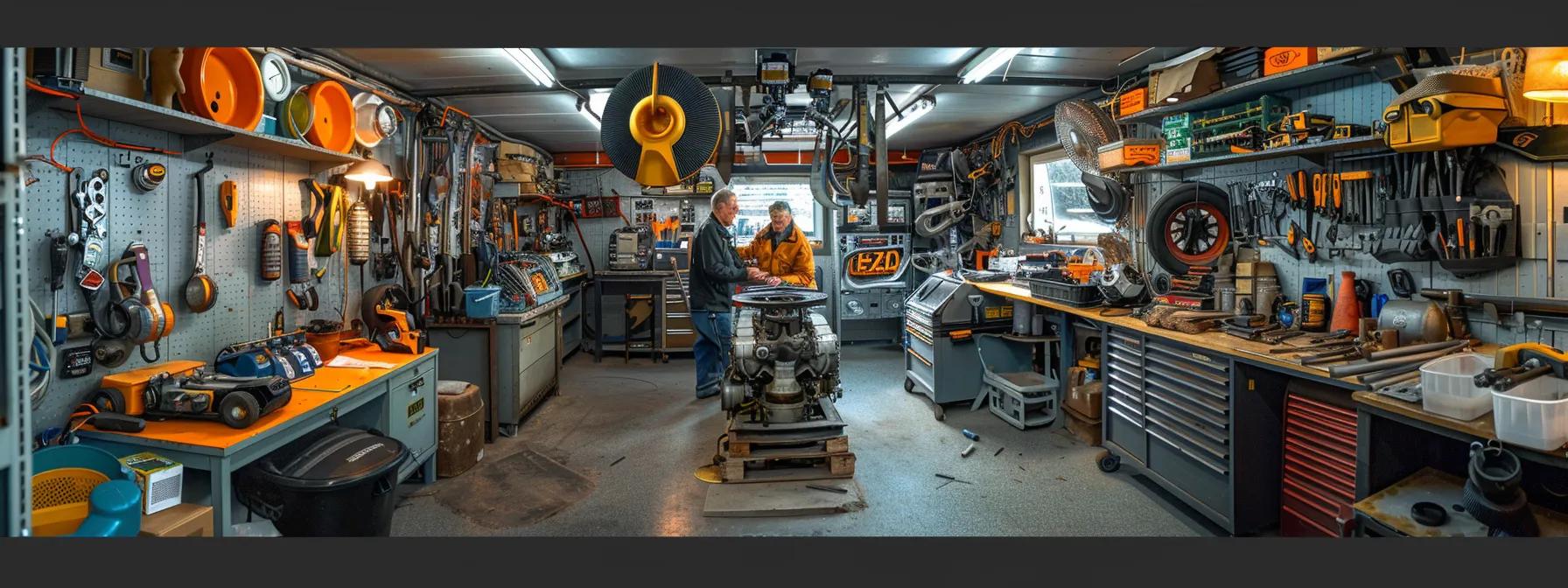 a mechanic attentively working on a car engine in a well-equipped garage filled with tools and diagnostic equipment, surrounded by local customers discussing repair options.