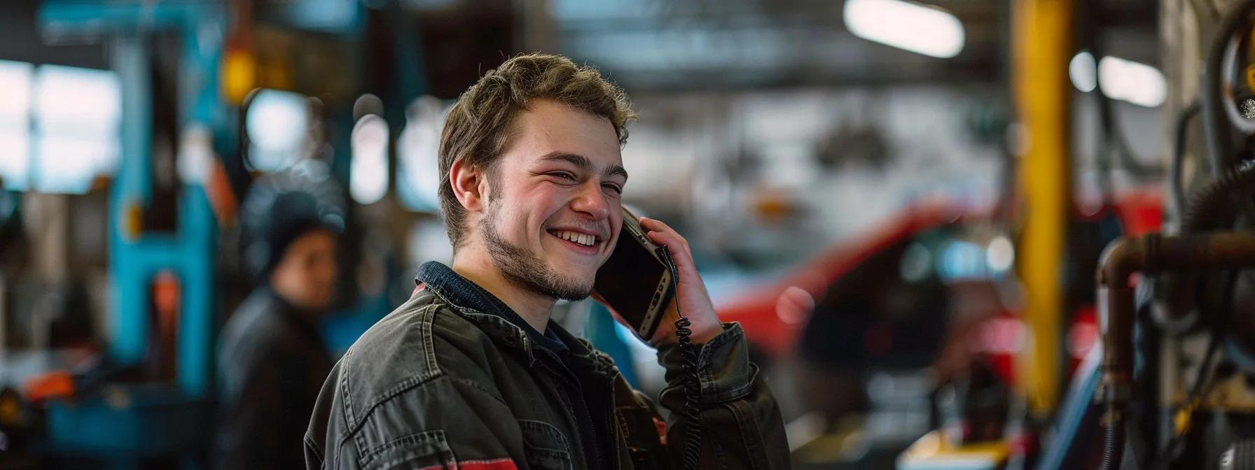 a mechanic smiling while answering multiple phone calls in a busy auto repair shop, surrounded by customers waiting for service.