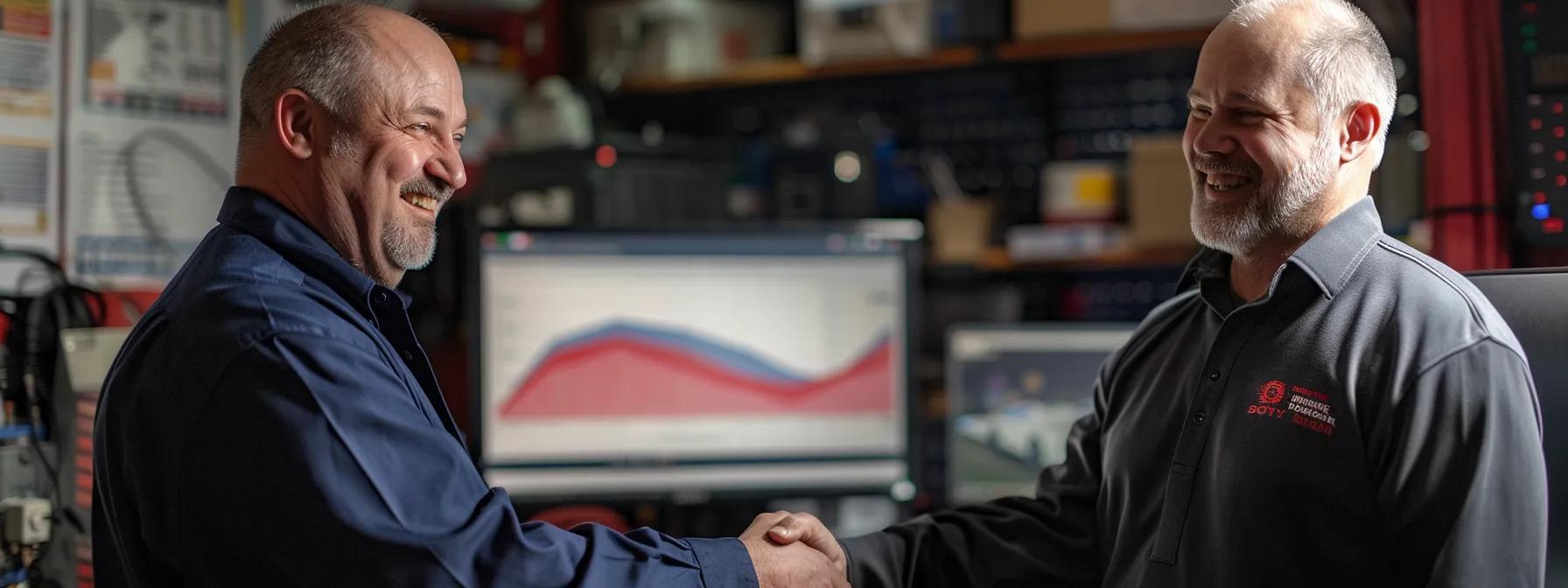 an auto repair shop owner smiling while shaking hands with a representative from a reputable automotive website, with a digital graph showing increased website traffic and phone calls in the background.