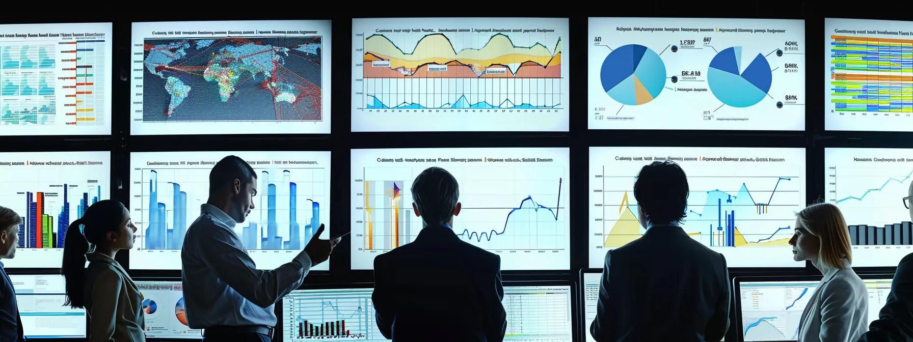 a diverse group of business professionals analyzing detailed graphs and charts on computer screens, with expressions of concentration and determination.