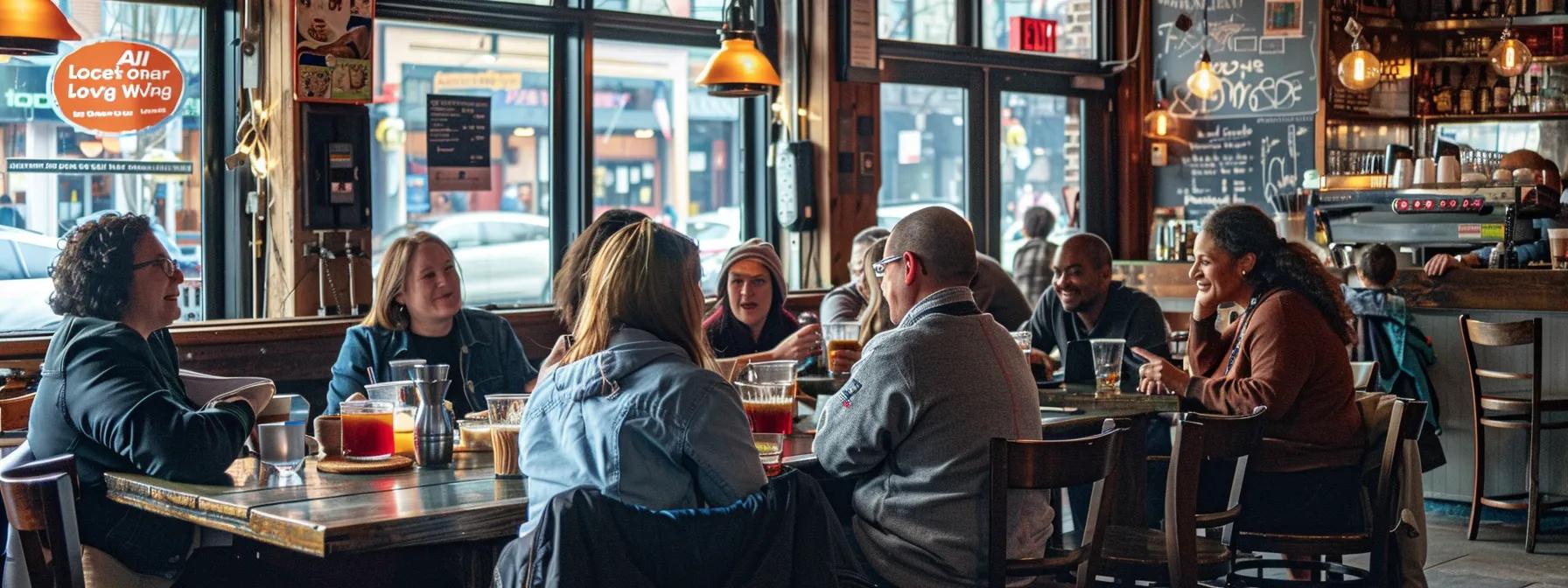 a diverse group of smiling business owners and customers discussing local seo strategies in a bustling kansas city cafe.