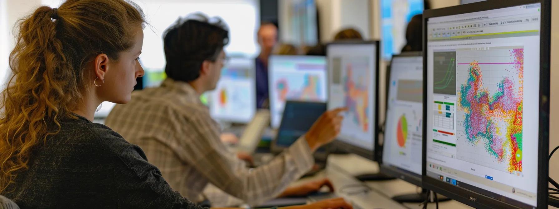 focused professionals analyzing heatmaps and a/b testing results on their computer screens.